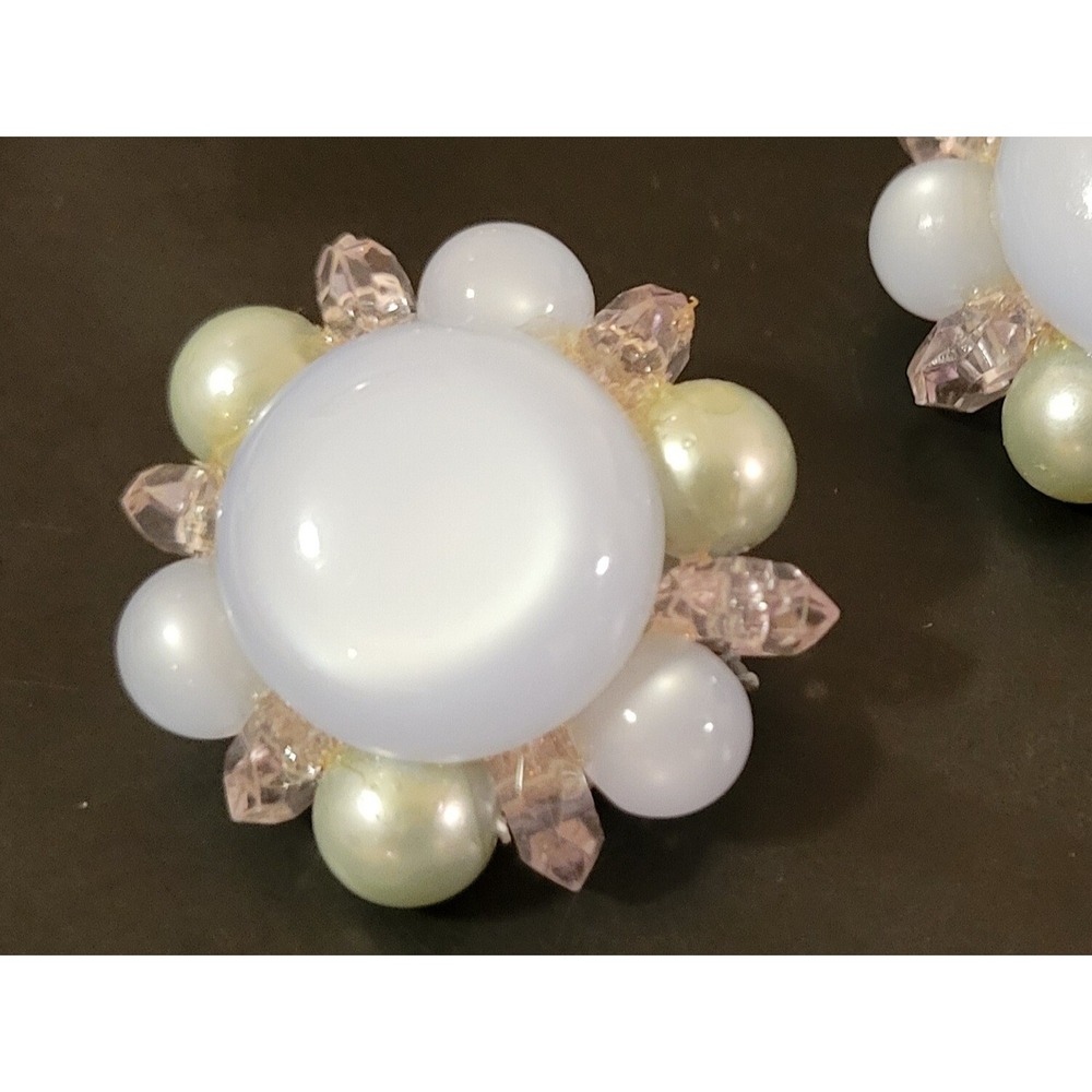 Vintage Flower Clip On Earrings‎ Pearl Beaded Statement Elegant - Picture 5 of 14